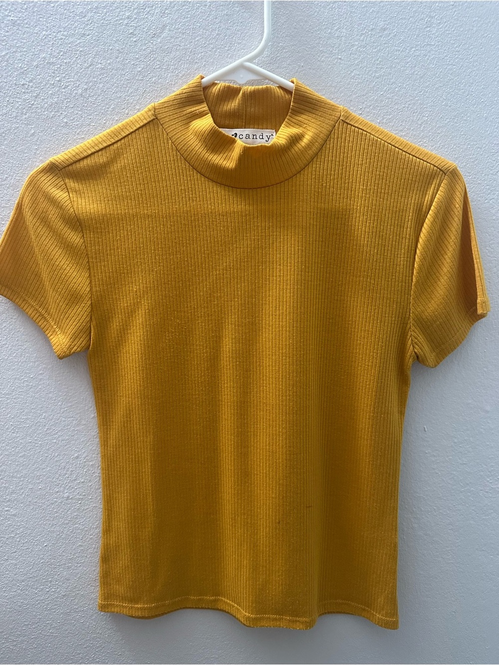 eye candy Mustard Ribbed Short Sleeve Mock Neck Top